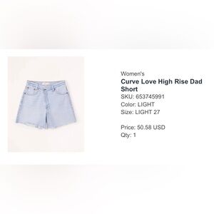 Abercrombie Curve Love High Rise Dad Short, Light Wash, Size 27
